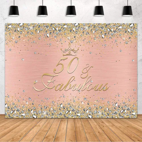Miniatura 2 de MEHOFOND Telón de fondo de feliz cumpleaños 50 para mujer, decoración de fiesta de cumpleaños número 50, pancarta de diamantes, rosa y oro rosa, Oro