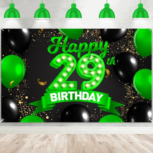 Miniatura 63 de Cartel de feliz cumpleaños 26 verde y negro, telón de fondo con texto en inglés "Cheers to 26 years old confeti", globos de confeti, decoración