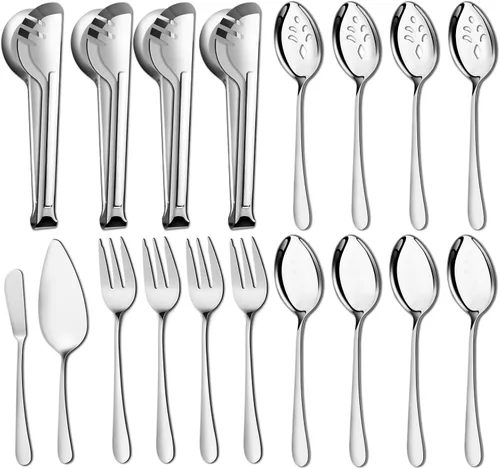 Miniatura 9 de Pleafind Juego de 16 utensilios de servir de acero inoxidable con cucharas de servir, cucharas de servir ranuradas, tenedores para servir y pinzas