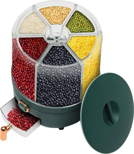 Recipientes grandes para cereales, dispensador giratorio de arroz, dispensador de alimentos secos con 6 compartimentos, contenedor de almacenamiento