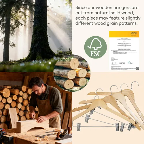 Miniatura 8 de HOUSE DAY Paquete de 12 perchas de madera de alta calidad para trajes, perchas para faldas con clips de madera maciza para pantalones, acabado liso
