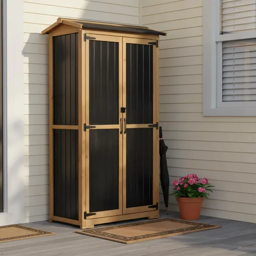Miniatura 19 de Armario de almacenamiento esquinero para exteriores de 62 pulgadas de alto con puertas con cerradura, armario de almacenamiento pequeño