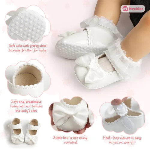 Miniatura 5 de Meckior Zapatos deportivos para bebé y niñas, suela suave, con lazo, princesa, vestido de boda, Mary Jane, planos, para recién nacidos, ligeros