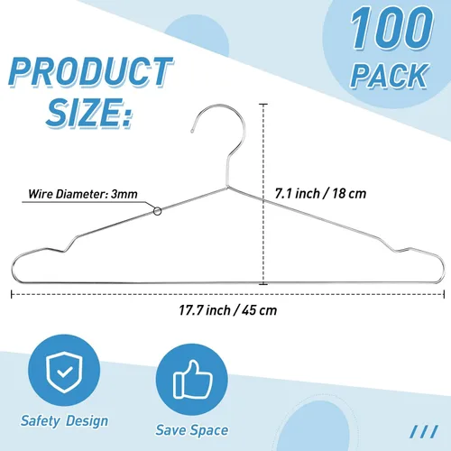 Miniatura 2 de Wesiti 100 ganchos de metal de acero inoxidable para ropa, alambre fuerte ultra delgado que ahorra espacio de 17.7 pulgadas, espacio de ropa