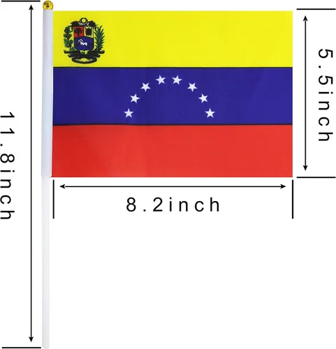 Paquete de 10 banderas venezolanas venezolanas en palo de 5 x 8 pulgadas, decoraciones patrióticas, decoración de aula, pequeñas mini banderas en