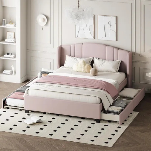 Miniatura 15 de Cama de plataforma tapizada de tamaño individual con barandilla, cabecera de almacenamiento y estribo, para niños, adolescentes y adultos, uso