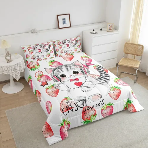 Miniatura 4 de Erosebridal Lindo juego de edredón de gato, tamaño individual, kawaii, fresa, juego de ropa de cama para niñas, diseño de arco iris, edredón rosa