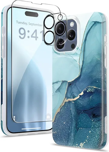 Miniatura 8 de GVIEWIN Funda de mármol para iPhone 15 Pro, con protector de pantalla y protector de lente de cámara