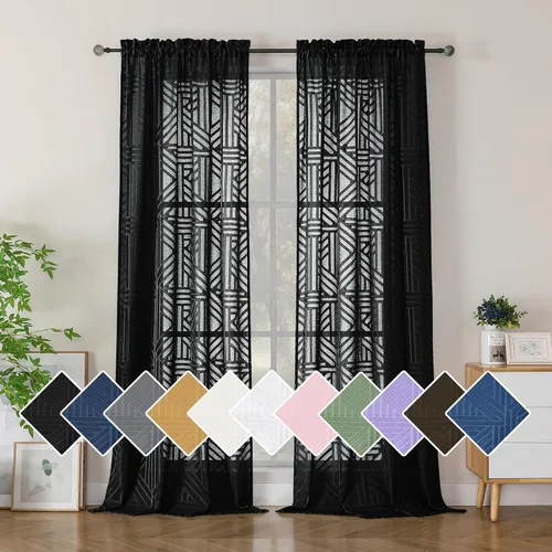 Miniatura 27 de Simplebrand Cortinas traslúcidas negras de cocina de 24 pulgadas de largo, 2 paneles, filtrado de luz, geométrico jacquard con textura, cortinas
