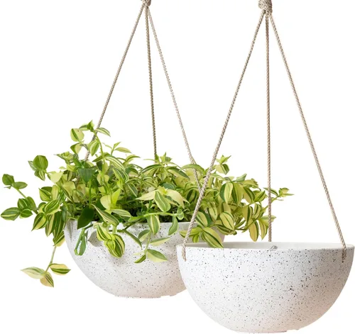 LA Jolie Muse Hanging Planters for Indoor Plants - Flower Pots Outdoor 9.84 inch Garden Planters and Pots,Speckled White Set of 2 Blanco moteado.
