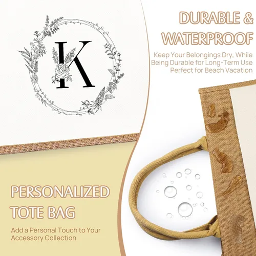 Miniatura 7 de JUSTOTRY Bolsa de mano con inicial, yute natural, grande, 13 onzas, personalizada, bolsa de lona con monograma, regalo para mujer K