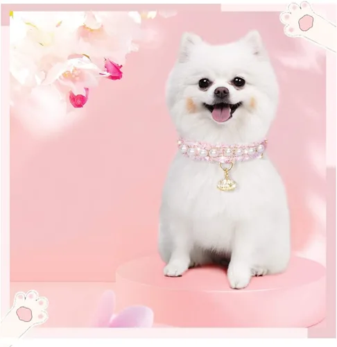 Miniatura 5 de Collar Premium de Cuero PU para Gato y Perro con Colgante de Concha - Ajustable, Perla Linda, Encaje Hermoso, Rosa Pequeña