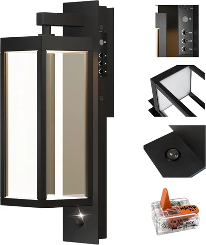 Lámpara de pared para exteriores del atardecer al amanecer con LED integrado, 3 modos ajustables, todo de aluminio impermeable IP65 - Lámpara