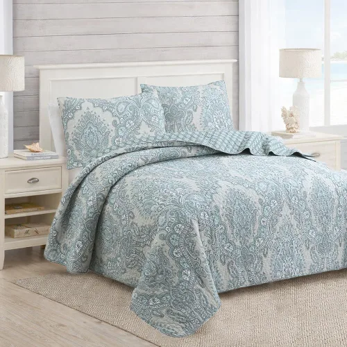 Miniatura 16 de Cozy Line Home Fashions Nina Trista Flowers - Juego de ropa de cama reversible 100% algodón con cinta azul aguamarina, estampado floral gris, colcha