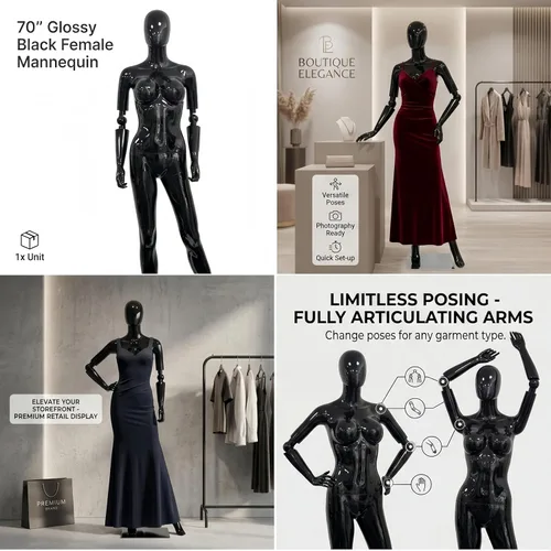 Miniatura 3 de Maniquí femenino negro brillante de 70 pulgadas con brazos ajustables, forma de vestido de cuerpo completo con base de metal para exhibición