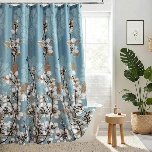 Miniatura 9 de Silhouette - Cortina de ducha con diseño de tela azul impermeable, diseño de plantas de poliéster blancas y azul marino, para baño, 72 pulgadas