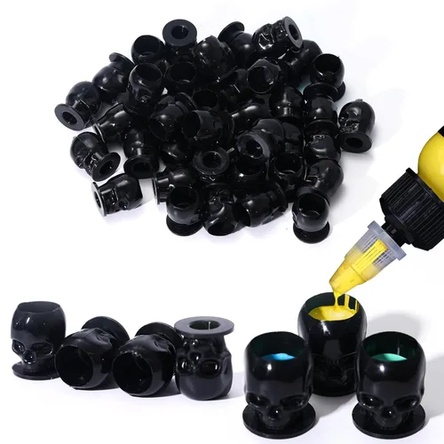 Miniatura 9 de YILONG Tapas de tinta desechables para tatuaje, vasos de tinta de tatuaje de calavera con base estable y 200 unidades por paquete, soporte Calavera