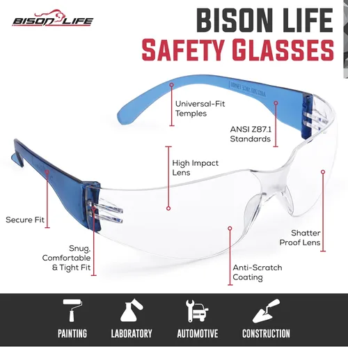 Miniatura 3 de BISON LIFE - Lentes de seguridad con protección envolvente resistente a arañazos, lente de policarbonato resistente a impactos ANSI Z87.1