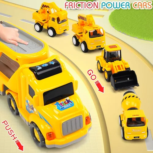 Miniatura 5 de Veslier Juguetes de camión de construcción 9 en 1 para edades de 3, 4, 5, 6 años, vehículos con sonidos y luces en camión transportador, juguetes