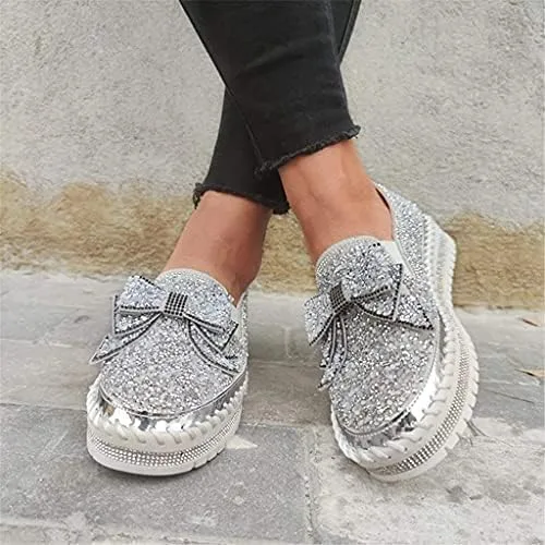 Miniatura 3 de Zapatos deportivos de plataforma con diamantes de imitación y purpurina para mujer, con bonito lazo, cómodos, mocasines planos, zapatos casuales