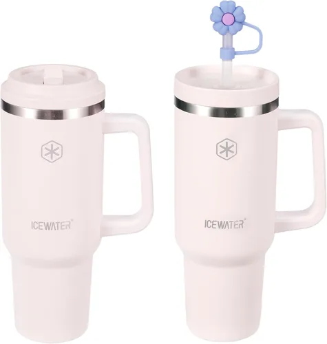 ICEWATER Vaso de 40 onzas con 2 tapas (tapa y popote estándar), vaso aislado 100% a prueba de fugas con asa, apto para portavasos, botella de agua