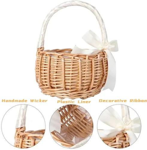 Miniatura 4 de Lyellfe Paquete de 2 canastas de mimbre hechas a mano con cinta de seda con asa, cesta decorativa para huevos y dulces para regalos, bodas
