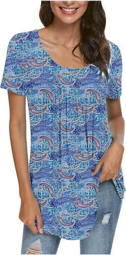 Stessotudo Fashion Casual Tunic Tops for Women Crewneck Short Sleeve Long Blouse Floral Print Loose Fit Summer Flowy Shirts