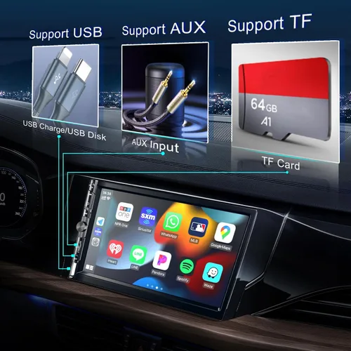 Miniatura 6 de Estéreo inalámbrico de doble DIN para automóvil de 7 pulgadas con Apple Carplay, pantalla táctil HD 1024 x 600, receptor de radio FM para automóvil