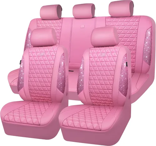 Miniatura 17 de CAR PASS Fundas de asiento de automóvil de cuero con diamantes brillantes, juego de asientos interiores de asientos completos, impermeable, Plateado
