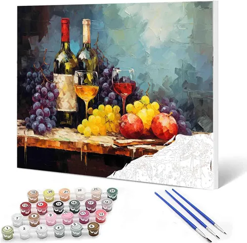 Miniatura 35 de Pintura de fiesta de vino tinto por números para adultos principiantes, vino vintage en vidrio, pintura por números, pintura acrílica, lienzo