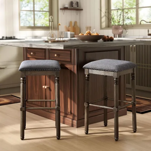 Miniatura 3 de Roundhill Furniture Arnhem Taburetes de bar tapizados de madera, juego de 2, color gris