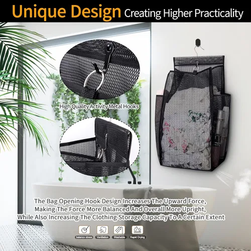 Miniatura 5 de Cesta colgante plegable de malla transpirable, bolsa de almacenamiento portátil de secado rápido que ahorra espacio, cesta de lavandería para Negro