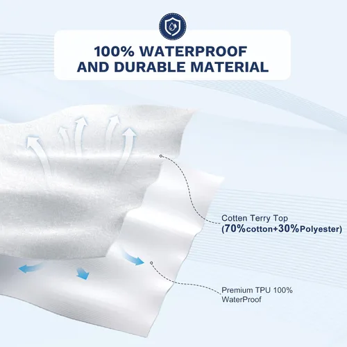 Miniatura 3 de Protector de colchón impermeable tamaño Queen, funda de colchón de rizo de algodón con bolsillo profundo ajustable de 6 a 18 pulgadas
