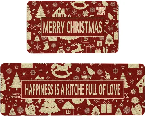Miniatura 8 de Mloabuc Juego de 2 tapetes de cocina con texto en inglés "Merry Christmas", antifatiga, impermeables, resistentes a las manchas, color azul, Navidad