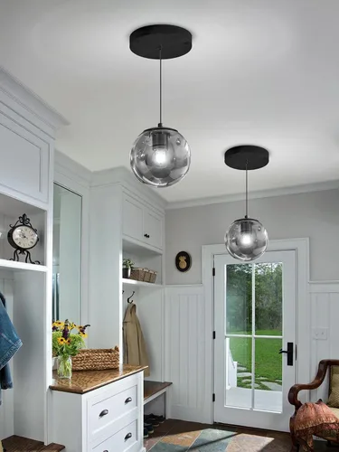 Miniatura 7 de ykolupty Lámpara colgante negra de 1 luz moderna de globo de vidrio gris ahumado, luces colgantes para isla de cocina, luces colgantes ajustables
