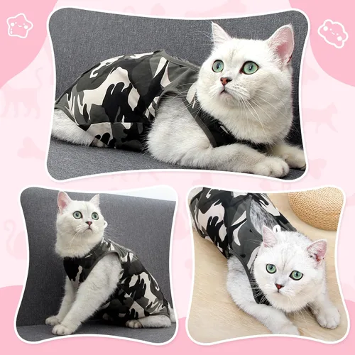 Miniatura 6 de Traje de recuperación para gatos para heridas abdominales o enfermedades de la piel, mono para gatitas después de la cirugía, collar isabelino