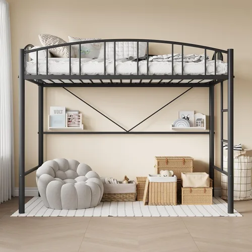 Miniatura 7 de GAOMON Cama alta tamaño individual con peldaño de escalera plana, barandilla de seguridad arqueada, marco de cama de metal alto, soporte de listones