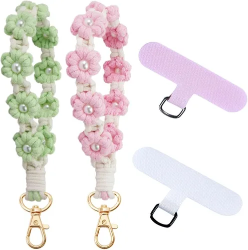 Miniatura 14 de VIOKKO Correa de muñeca de macramé bohemio para teléfono, cordón para teléfono celular con lengüeta de sujeción, pulsera con soporte para correa