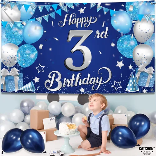 Miniatura 2 de KatchOn, Cartel de tercer cumpleaños azul y plateado – Xtralarge, 72 x 44 pulgadas Decoraciones azules de tercer cumpleaños para niños y niñas