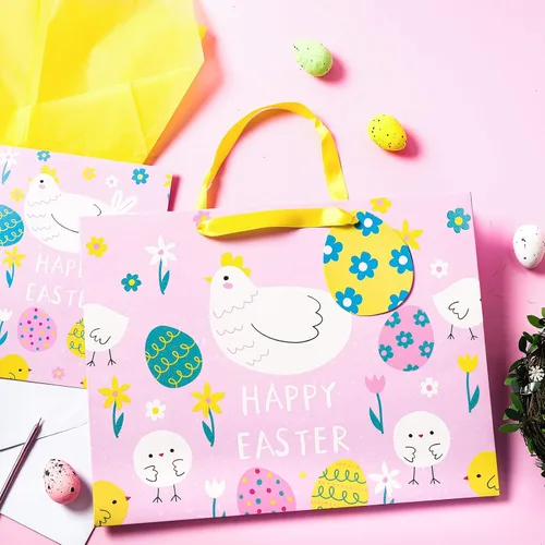 Miniatura 5 de MAYPLUSS Bolsa de regalo grande de Pascua de 13 pulgadas con tarjeta de felicitación y papel de seda, pollos rosados, letras de Pascua, bolsa