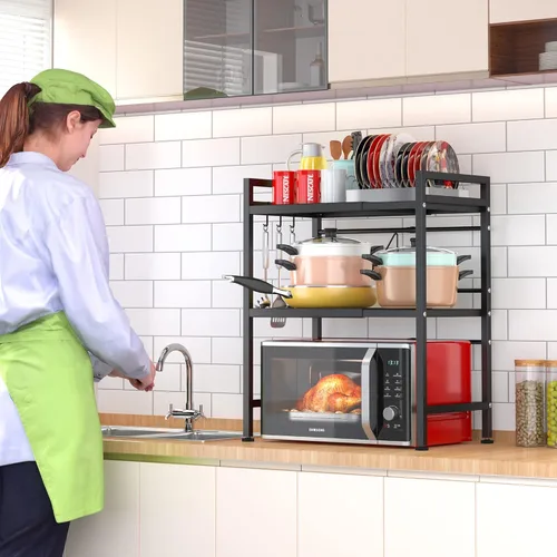 Miniatura 4 de PUSDON Estante para horno de microondas, estante ajustable resistente de 3 niveles con 3 ganchos para organizador de encimera de cocina, con Negro