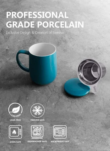 Miniatura 3 de Sweese Taza de té de porcelana de 20 onzas con infusor y tapa, taza de té de hojas sueltas, regalos para amantes del té, blanco y azul acero