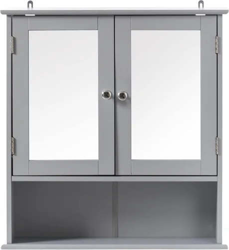 Miniatura 5 de Basicwise Espejo gris montado en la pared baño y tocador con estantes ajustables, gris, (QI004020.GY)