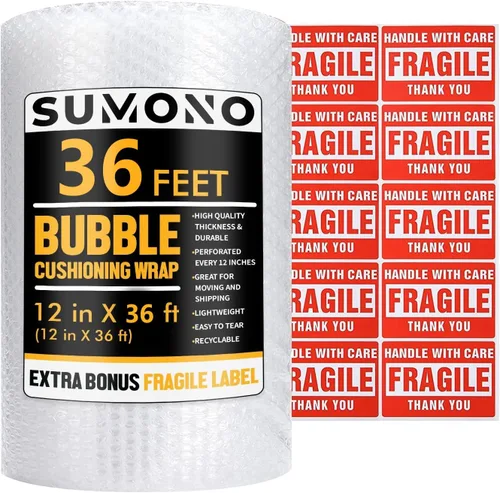 Rollo de envoltura de amortiguación de burbujas, rollo de burbujas total perforado de 12 pulgadas x 36 pies, incluye 10 etiquetas adhesivas frágiles