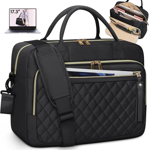 Miniatura 9 de RAINSMORE Bolsa para laptop de 17.3 pulgadas para mujer, impermeable, bolsa de hombro grande para computadora portátil, para trabajo, negocios, Beige
