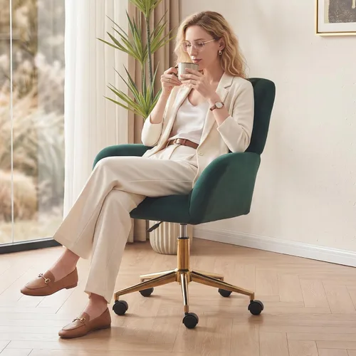 Miniatura 12 de FOXHUNTER Silla de tocador con respaldo ergonómico y ruedas, silla giratoria de 360°, silla de oficina en casa de altura ajustable para sala de Negro