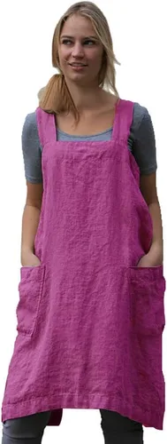 Miniatura 32 de Larmliss Delantal tipo pinafore cuadrado para mujer, para hornear, cocinar, jardinería, con espalda cruzada, mezcla de algodón/lino, con 2 bolsillos