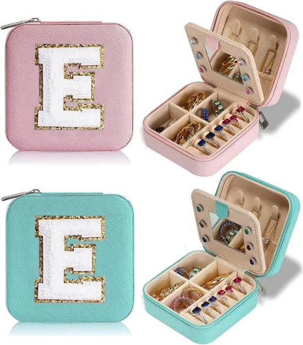 2Pcs Travel Jewelry Case for Women Girls,Portable Jewelry Box with Letters 2-Layer Jewelry Storage Mini Jewelry Case Travel Must Have Birthday Gifts