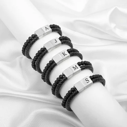 Miniatura 7 de LUXEJEW Regalo Navidad para hombre, brazalete de cuero con cuentas, con letra inicial nombre, 15/64 de pulgada, ágata mate, hecho a mano, ajustable