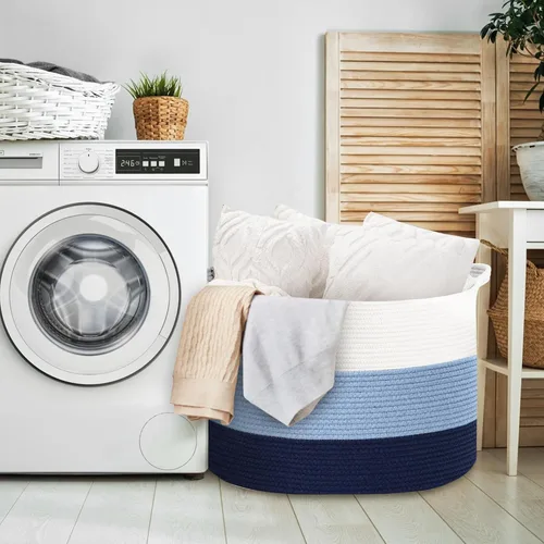Miniatura 5 de MEGASKET Cesta grande de juguetes para niños, cesta tejida suave de cuerda de algodón de 22" x 14", cesta de almacenamiento para juguetes para Azul